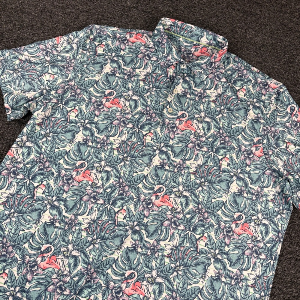 Johnnie-O Polo Shirt Mens XXL Green Flamingo Tropical Floral UPF 50 Performance